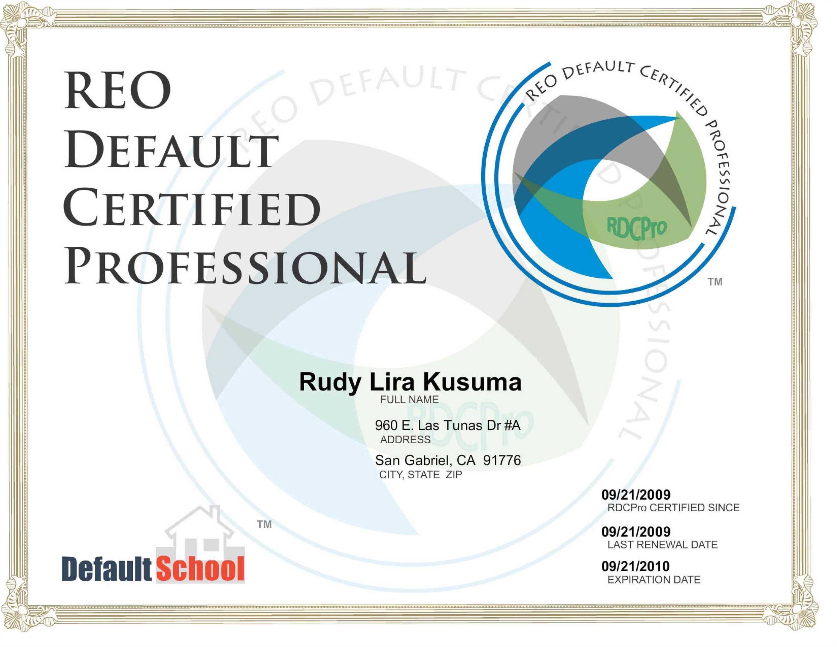 real estate default certification rudy lira kusuma
